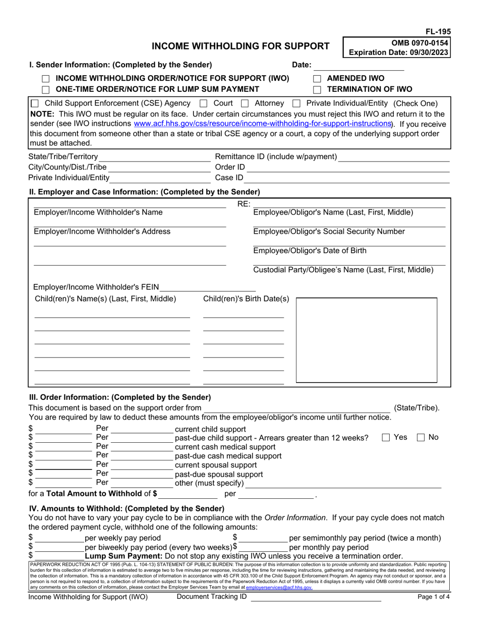 Form FL-195 Income Withholding for Support - California, Page 1