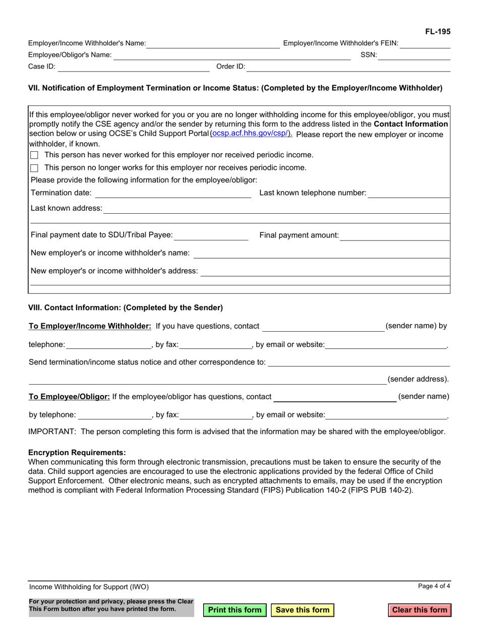 Form FL-195 Income Withholding for Support - California, Page 4