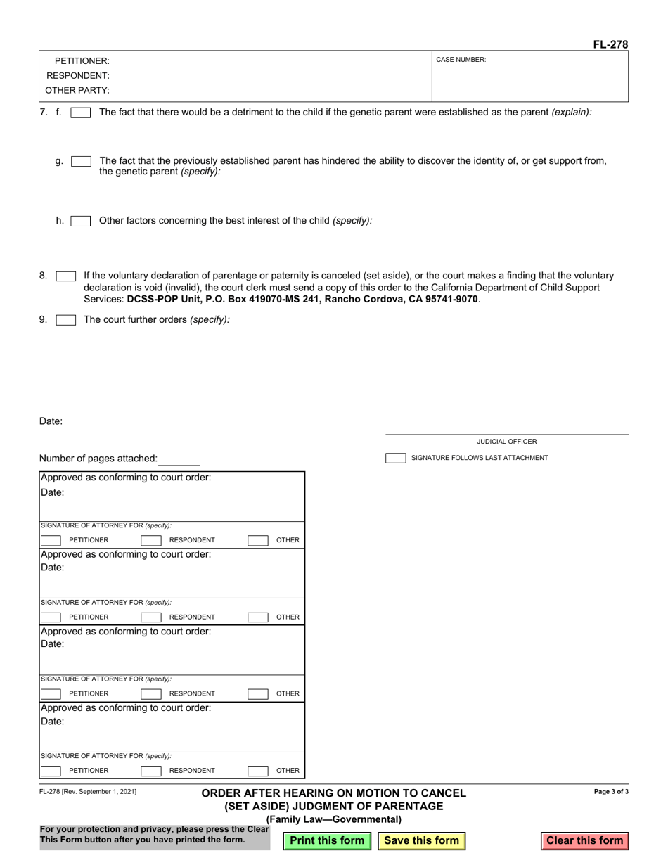 Form FL-278 Order After Hearing on Motion to Cancel (Set Aside) Judgment of Parentage - California, Page 3