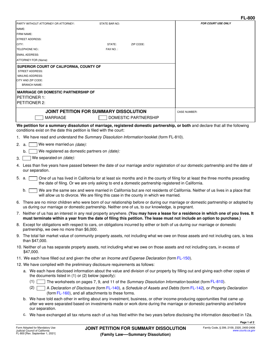 Form FL800 Download Fillable PDF or Fill Online Joint Petition for