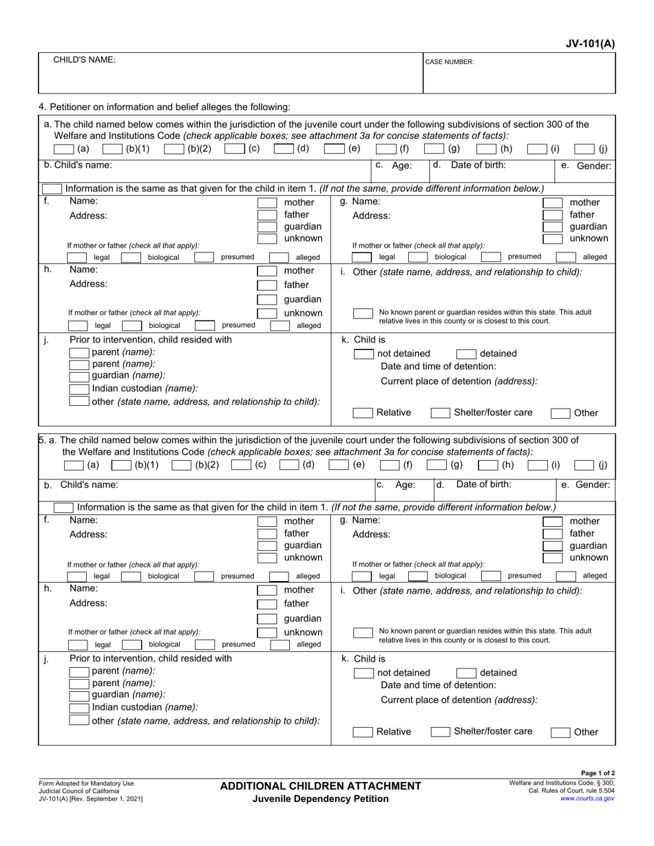 Form JV-101(A) Additional Children Attachment - Juvenile Dependency Petition - California, Page 1