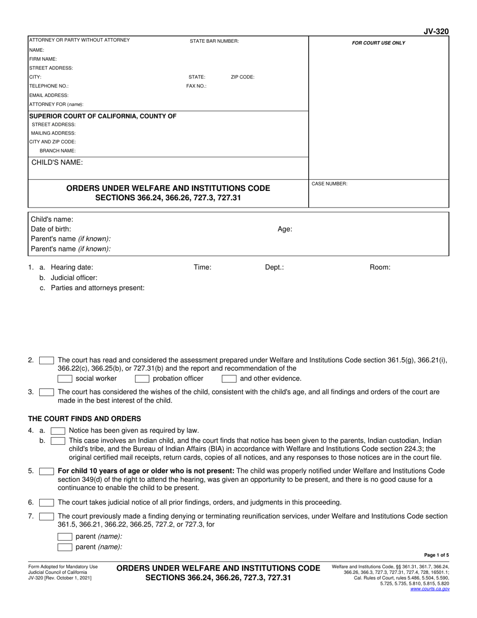 Form JV320 Download Fillable PDF or Fill Online Orders Under Welfare