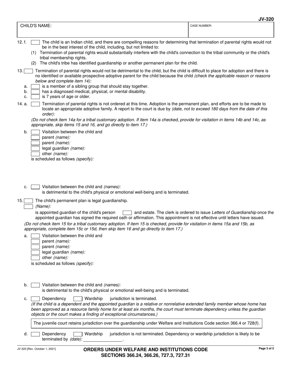 Form JV-320 Orders Under Welfare and Institutions Code Sections 366.24, 366.26, 727.3, 727.31 - California, Page 3