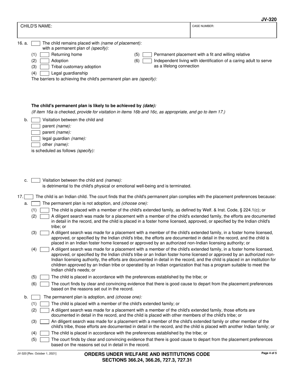 Form JV-320 Orders Under Welfare and Institutions Code Sections 366.24, 366.26, 727.3, 727.31 - California, Page 4