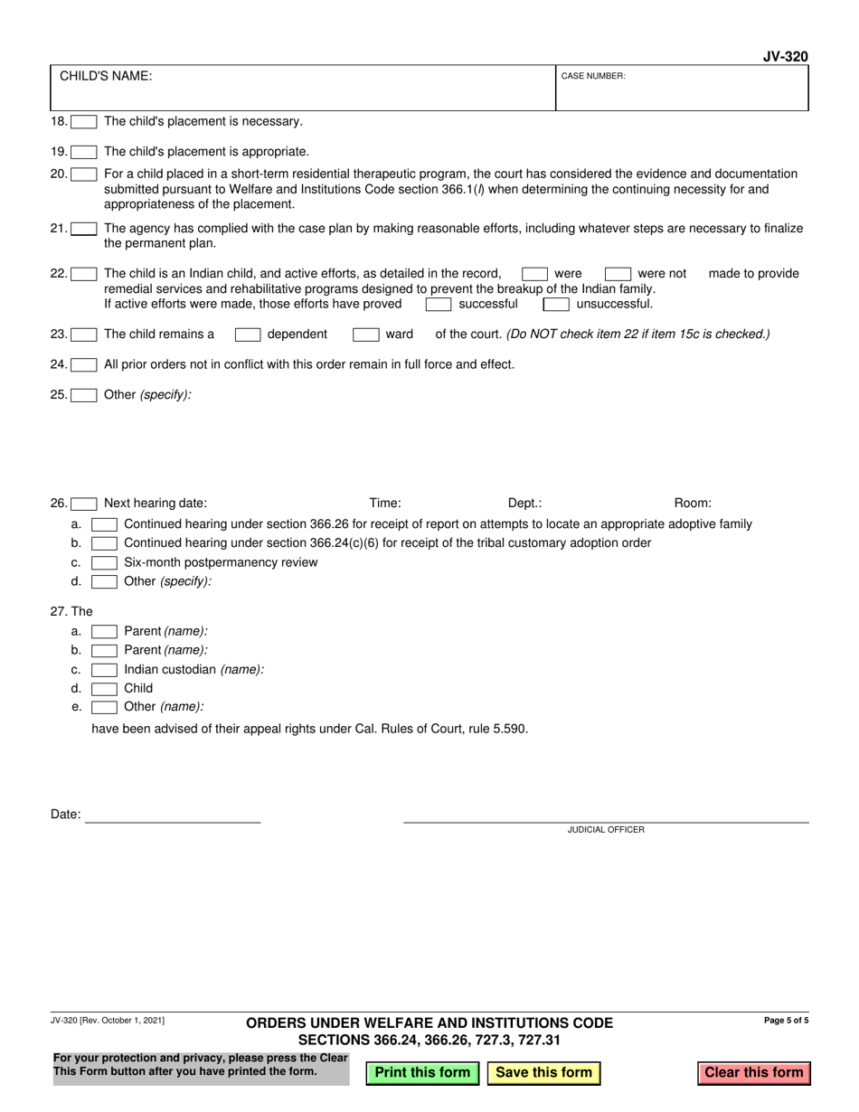 Form JV-320 Orders Under Welfare and Institutions Code Sections 366.24, 366.26, 727.3, 727.31 - California, Page 5