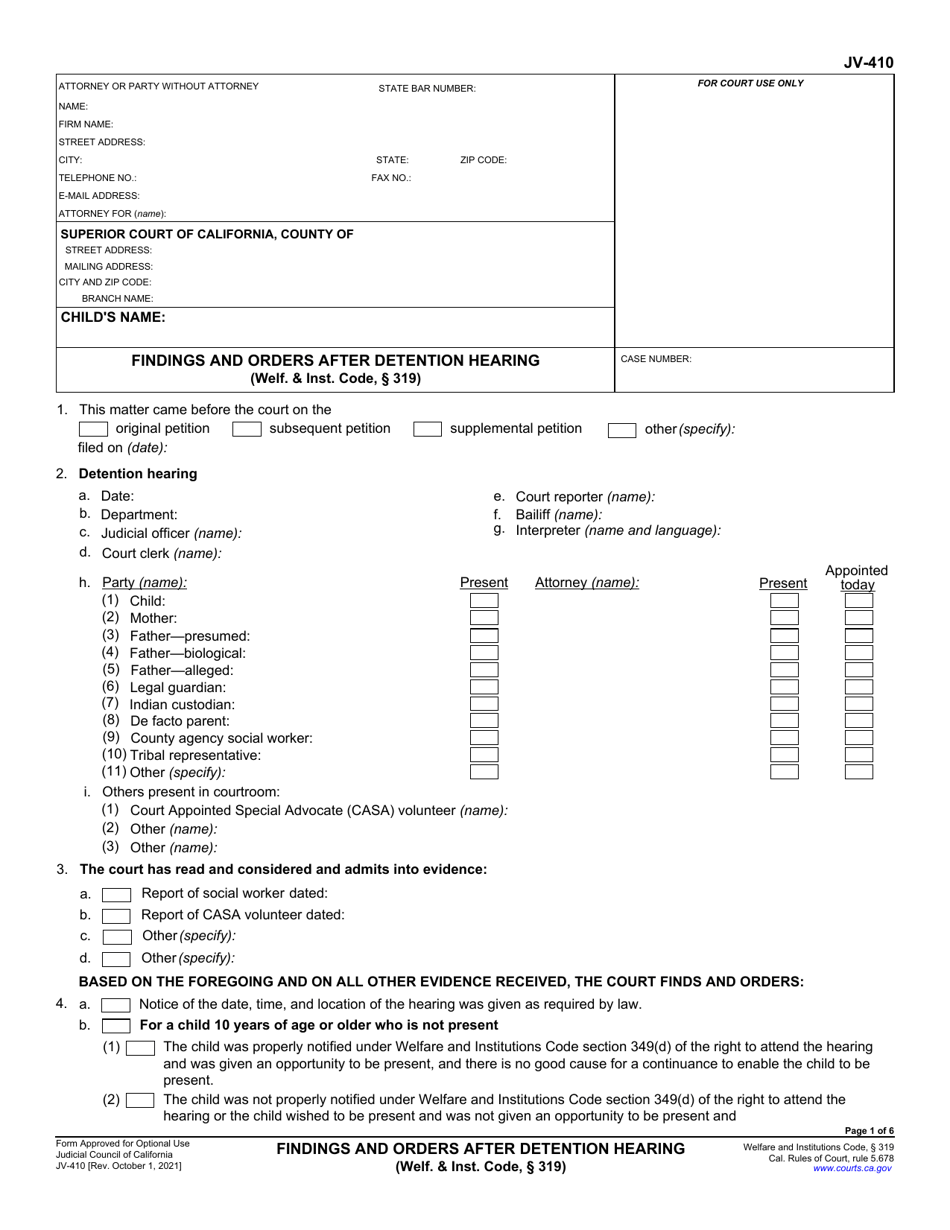 Form JV-410 Download Fillable PDF or Fill Online Findings and Orders ...