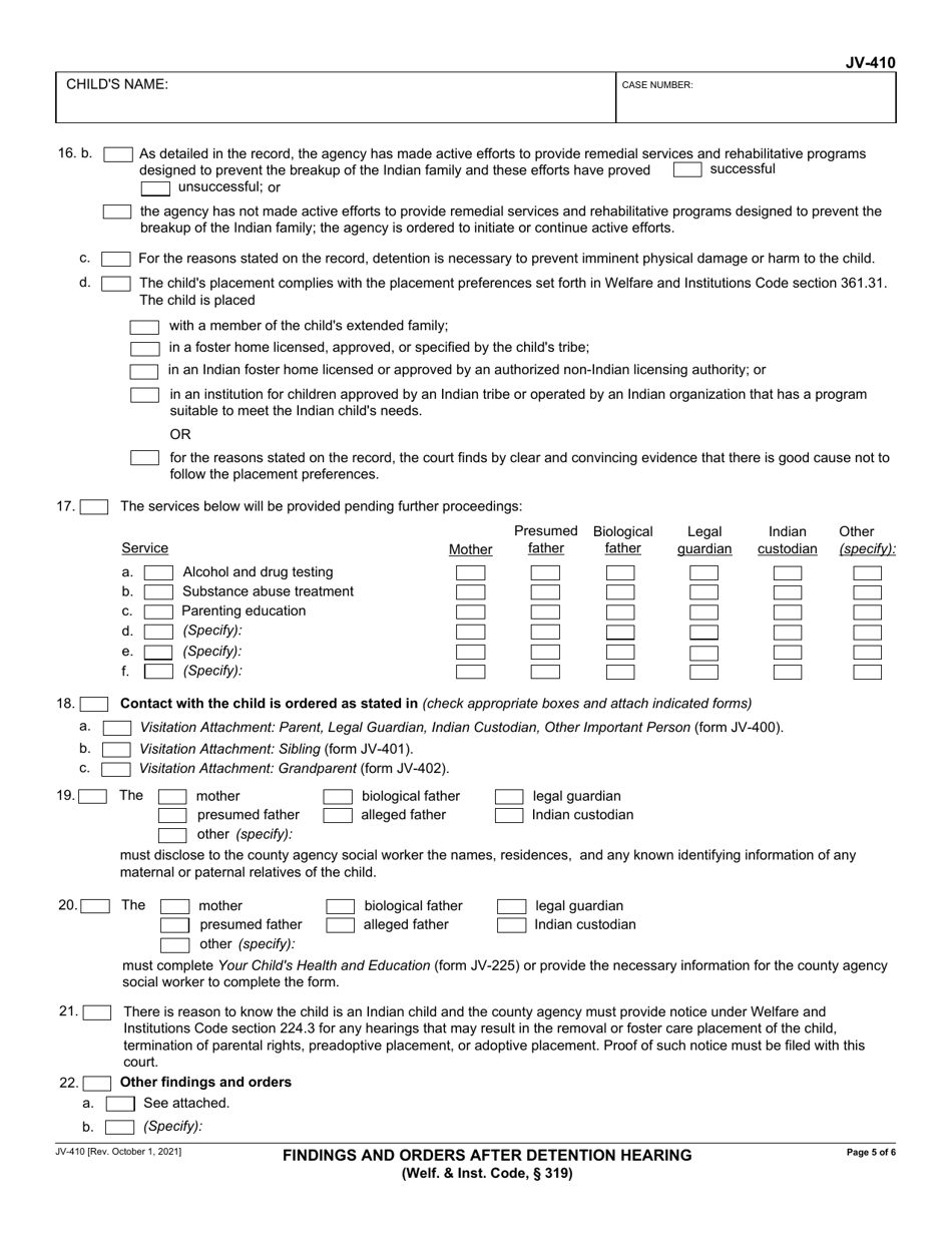 Form JV-410 Findings and Orders After Detention Hearing - California, Page 5