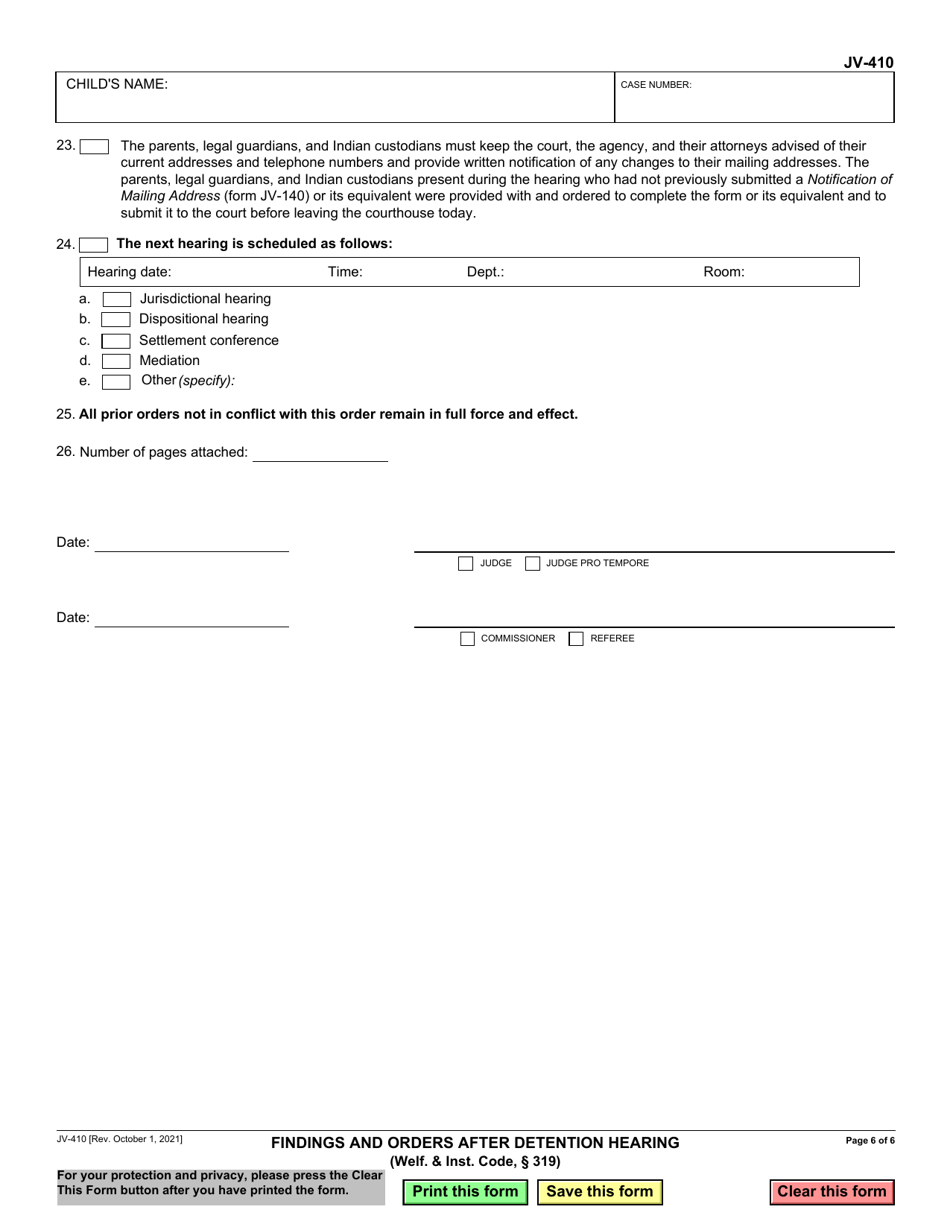 Form JV-410 Findings and Orders After Detention Hearing - California, Page 6