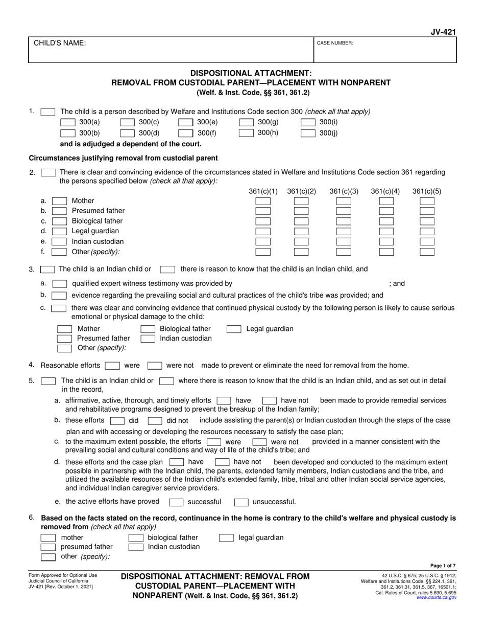 Form JV-421 Dispositional Attachment: Removal From Custodial Parent - Placement With Nonparent - California, Page 1