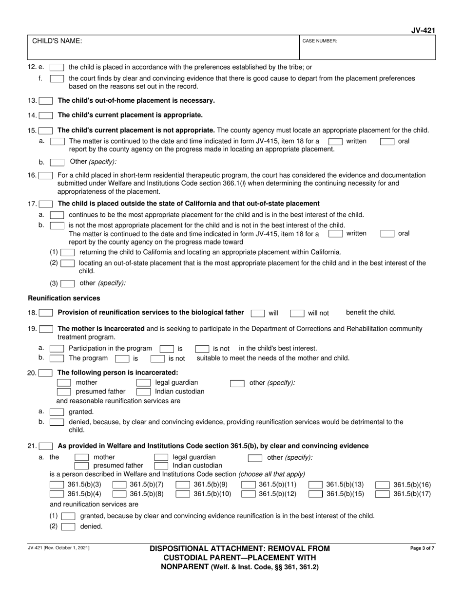 Form JV-421 Dispositional Attachment: Removal From Custodial Parent - Placement With Nonparent - California, Page 3