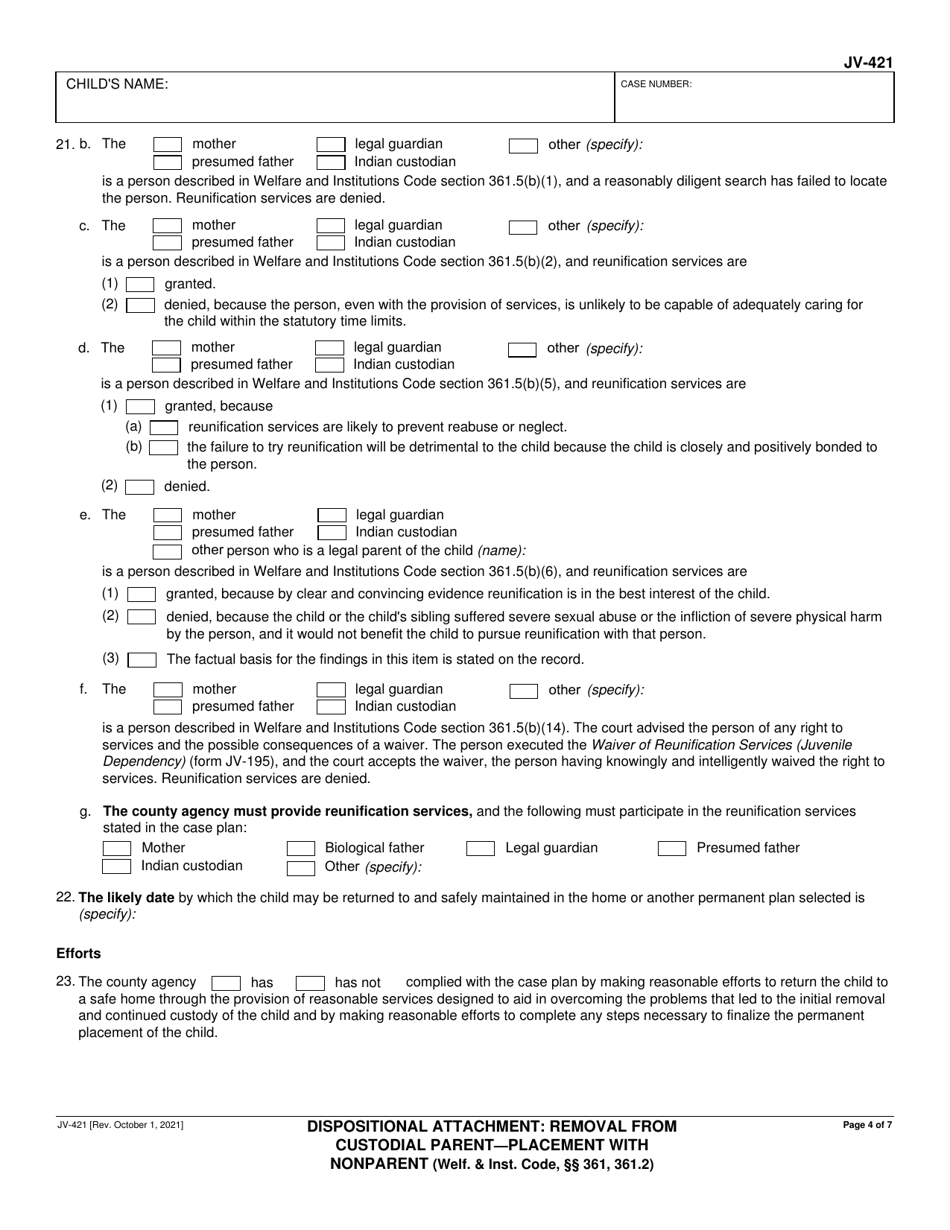 Form JV-421 Dispositional Attachment: Removal From Custodial Parent - Placement With Nonparent - California, Page 4
