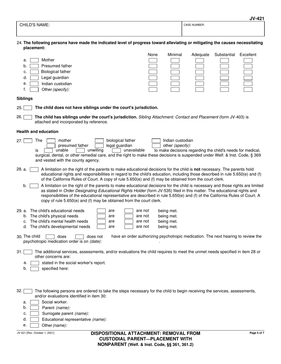 Form JV-421 Dispositional Attachment: Removal From Custodial Parent - Placement With Nonparent - California, Page 5