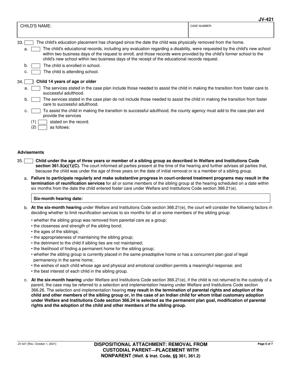 Form JV-421 Dispositional Attachment: Removal From Custodial Parent - Placement With Nonparent - California, Page 6