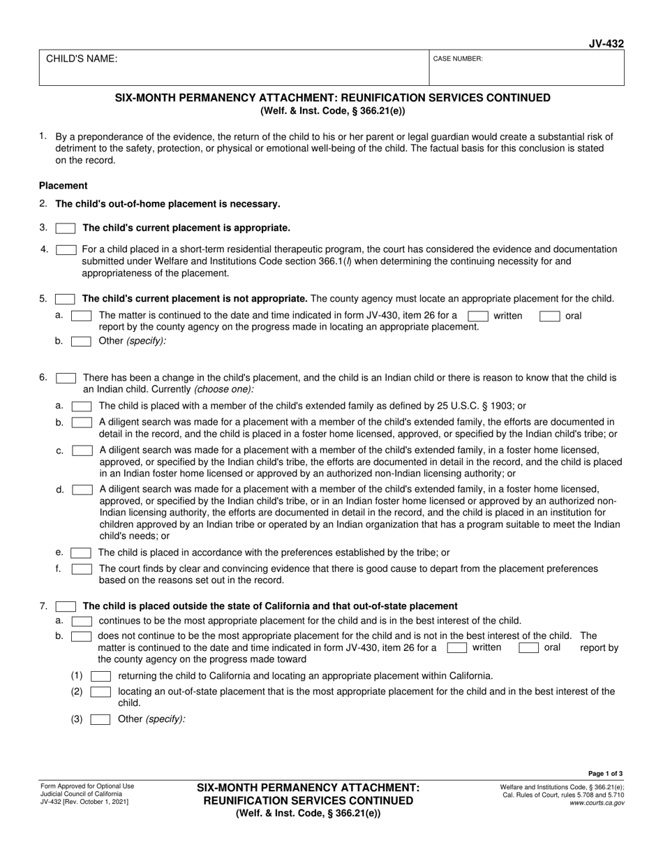 Form JV-432 Six-Month Permanency Attachment: Reunification Services Continued - California, Page 1