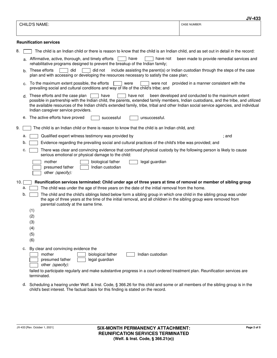 Form JV-433 Six-Month Permanency Attachment: Reunification Services Terminated (Welf.  Inst. Code, 366.21(E)) - California, Page 2