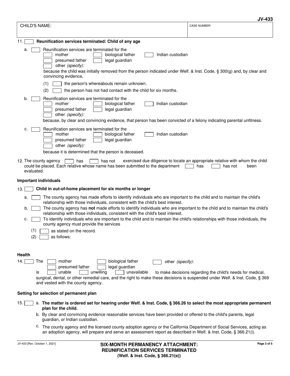 Form JV-433 Six-Month Permanency Attachment: Reunification Services Terminated (Welf.  Inst. Code, 366.21(E)) - California, Page 3