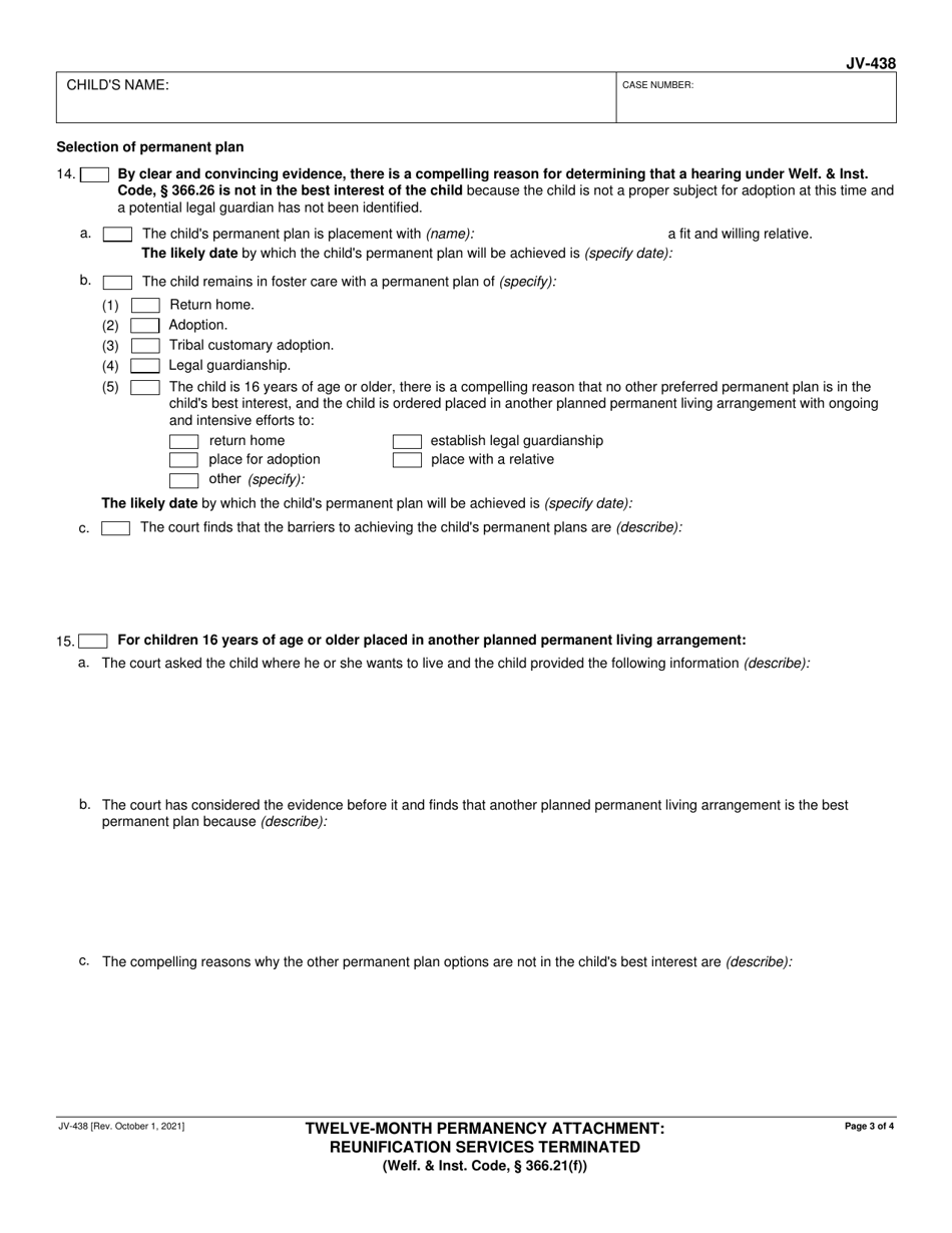 Form JV-438 Twelve-Month Permanency Attachment: Reunification Services Terminated (Welf.  Inst. Code, 366.21(F)) - California, Page 3