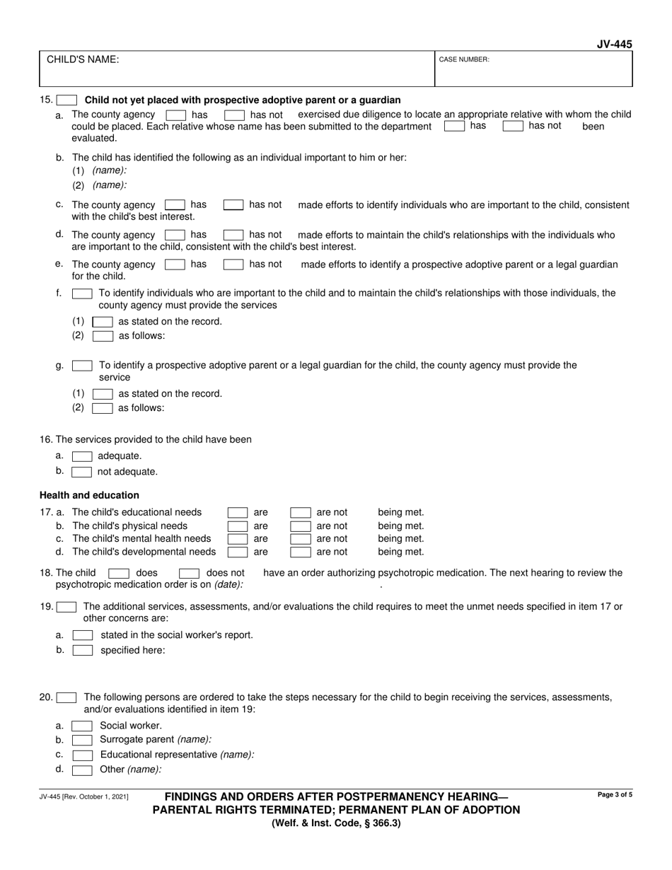 Form JV-445 Findings and Orders After Postpermanency Hearing - Parental Rights Terminated; Permanent Plan of Adoption - California, Page 3