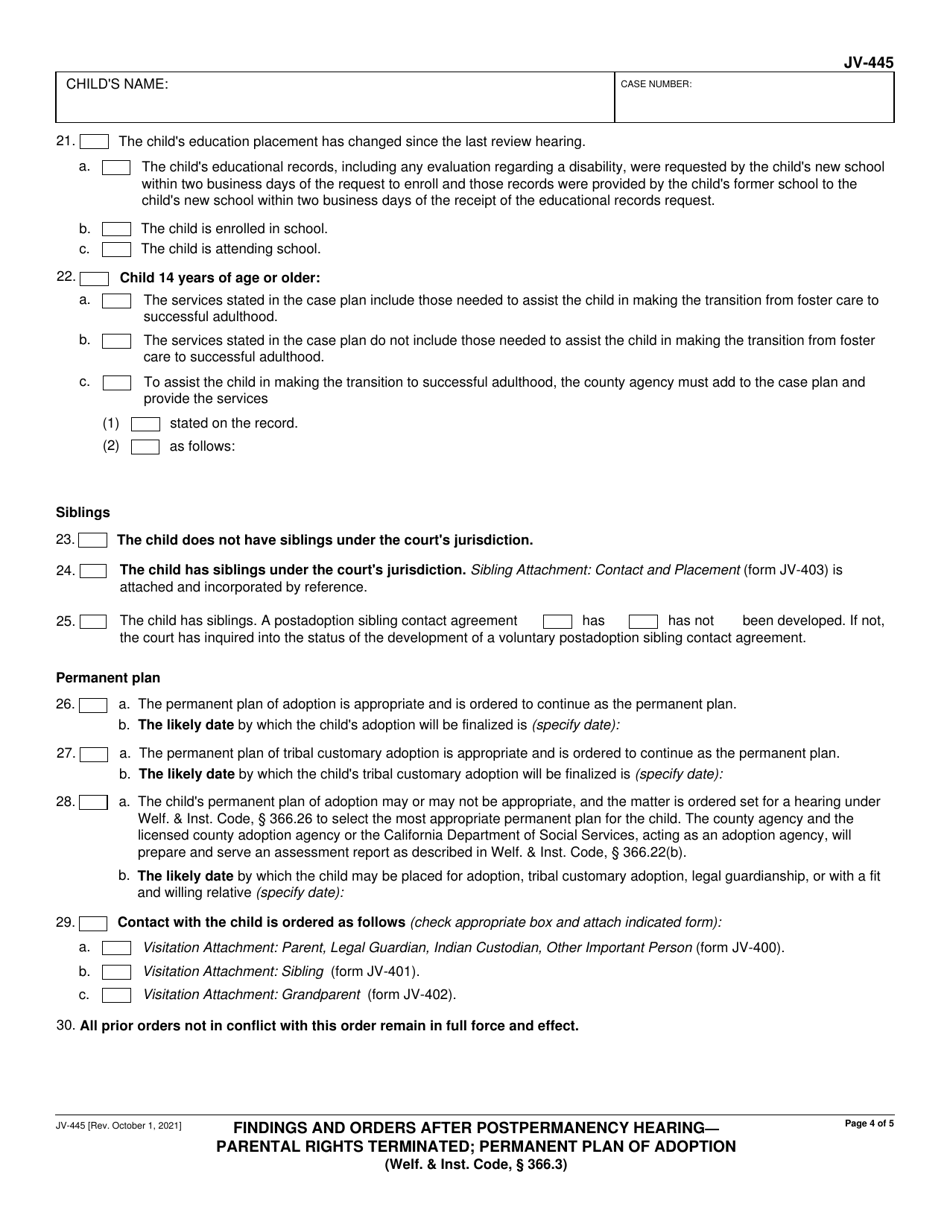 Form JV-445 Findings and Orders After Postpermanency Hearing - Parental Rights Terminated; Permanent Plan of Adoption - California, Page 4