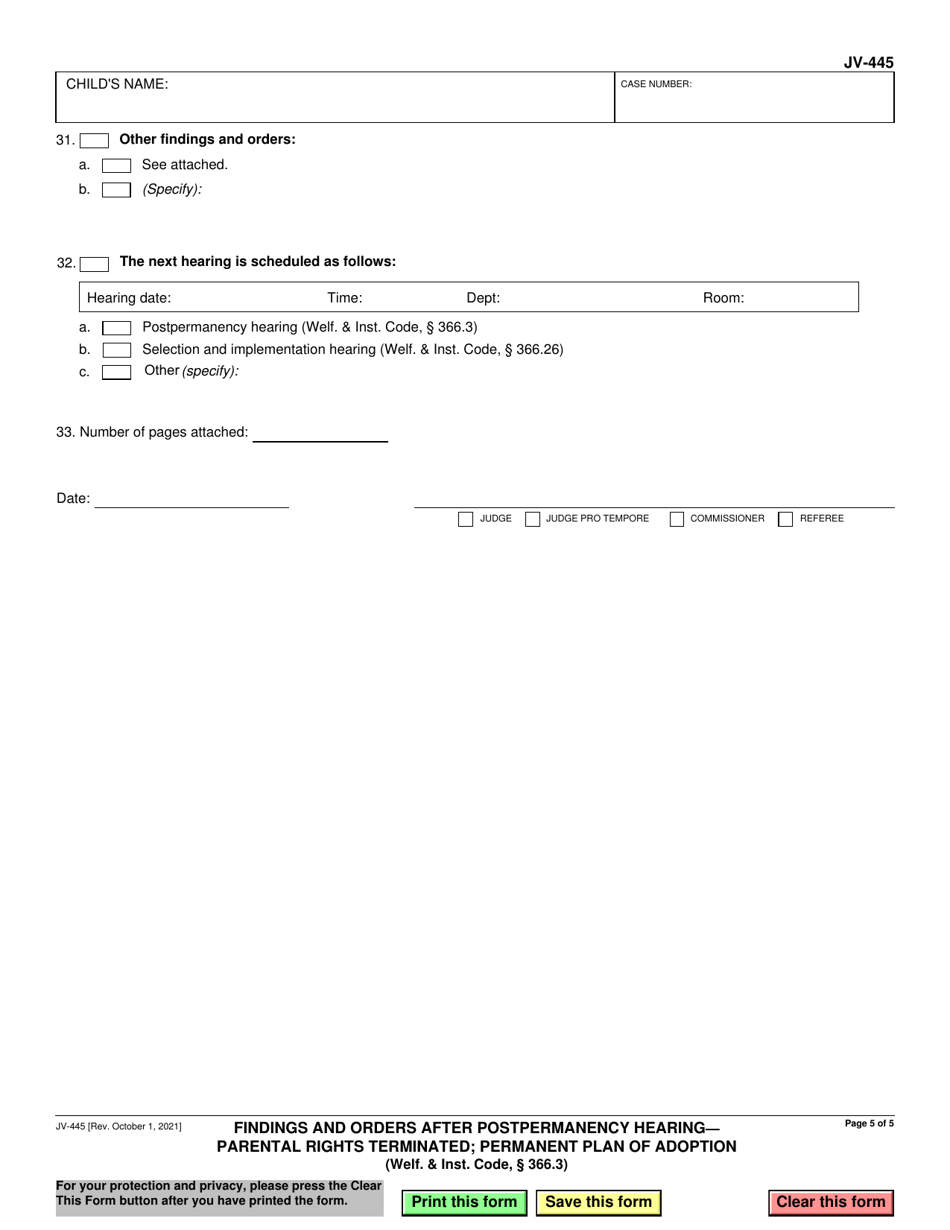 Form JV-445 Findings and Orders After Postpermanency Hearing - Parental Rights Terminated; Permanent Plan of Adoption - California, Page 5