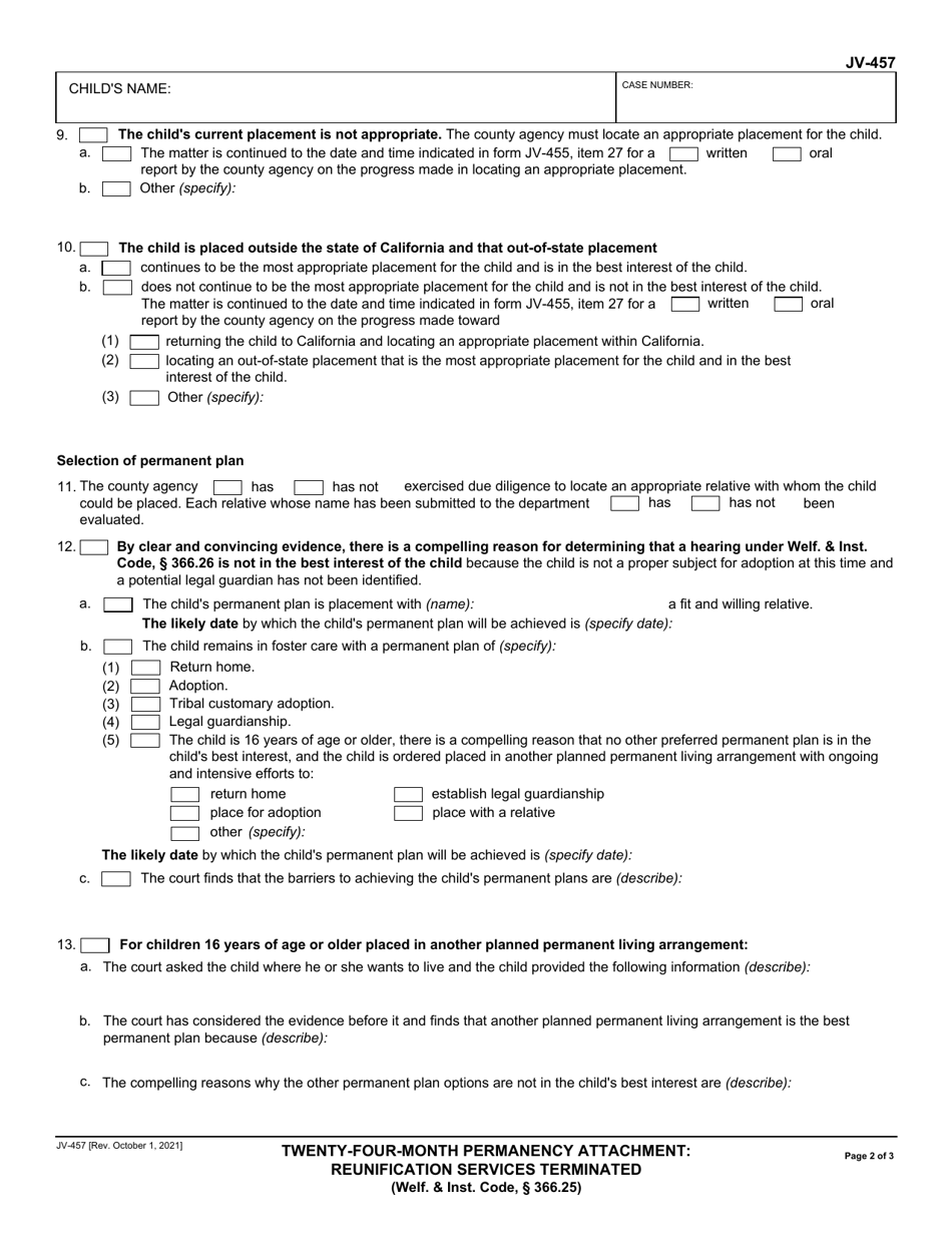 Form JV-457 Twenty-Four-Month Permanency Attachment: Reunification Services Terminated (Welf.  Inst. Code, 366.25) - California, Page 2