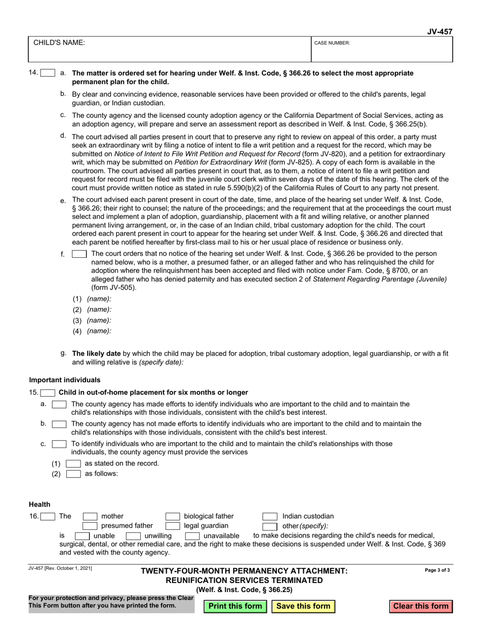 Form JV-457 Twenty-Four-Month Permanency Attachment: Reunification Services Terminated (Welf.  Inst. Code, 366.25) - California, Page 3
