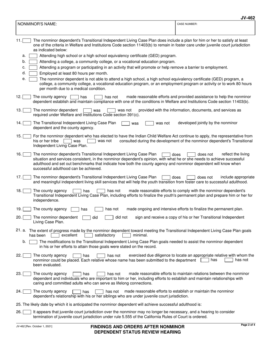 Form JV-462 Findings and Orders After Nonminor Dependent Status Review Hearing - California, Page 2