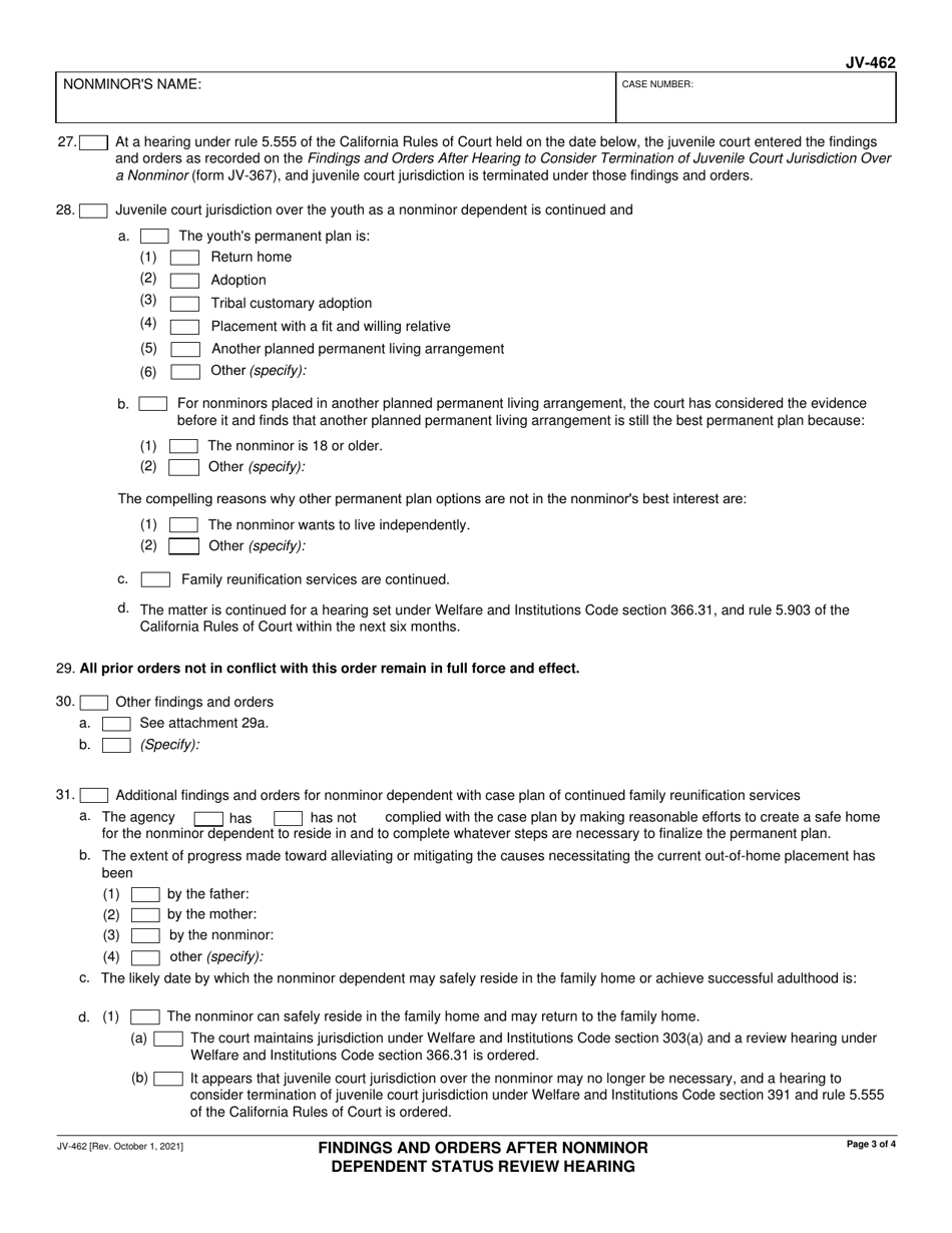Form JV-462 Findings and Orders After Nonminor Dependent Status Review Hearing - California, Page 3