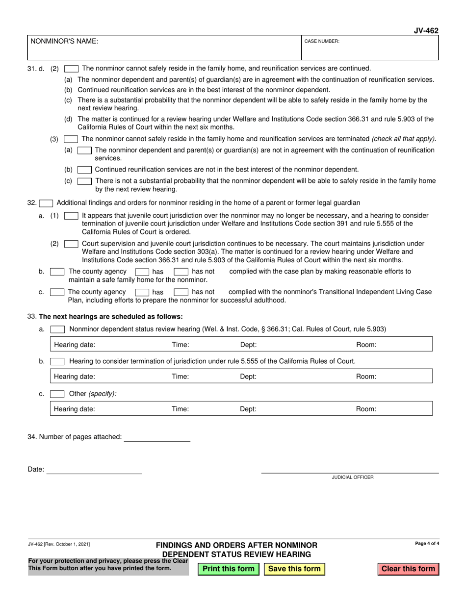Form JV-462 Findings and Orders After Nonminor Dependent Status Review Hearing - California, Page 4