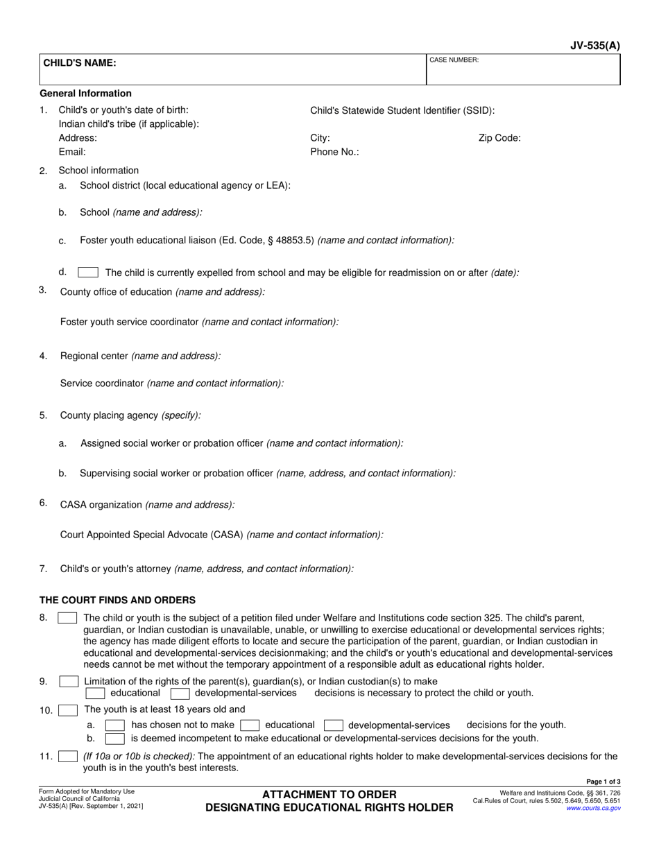 Form JV-535(A) Attachment to Order Designating Educational Rights Holder - California, Page 1