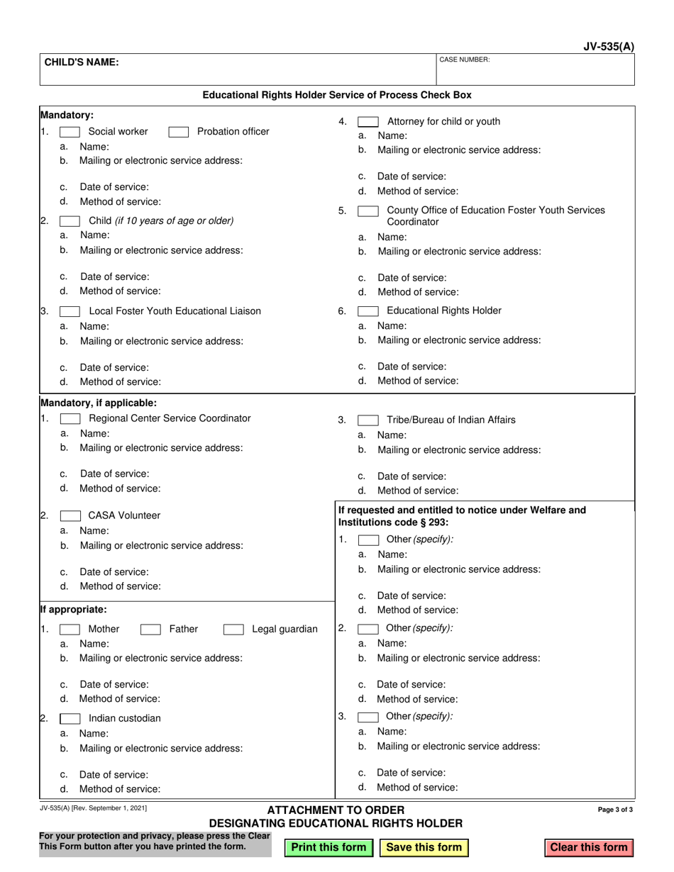 Form JV-535(A) Attachment to Order Designating Educational Rights Holder - California, Page 3