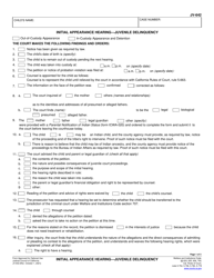 Form JV-642 &quot;Initial Appearance Hearing - Juvenile Delinquency&quot; - California