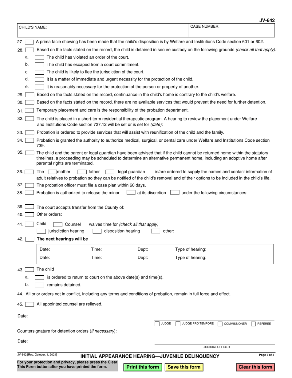 Form JV-642 Initial Appearance Hearing - Juvenile Delinquency - California, Page 3