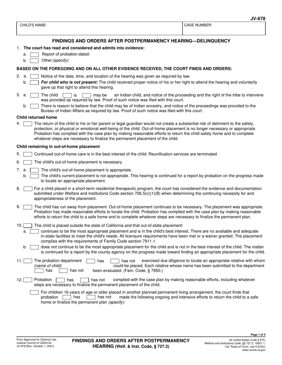 Form JV-678 Findings and Orders After Postpermanency Hearing - Delinquency - California, Page 1