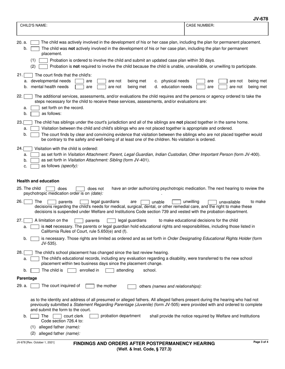 Form JV-678 Findings and Orders After Postpermanency Hearing - Delinquency - California, Page 3