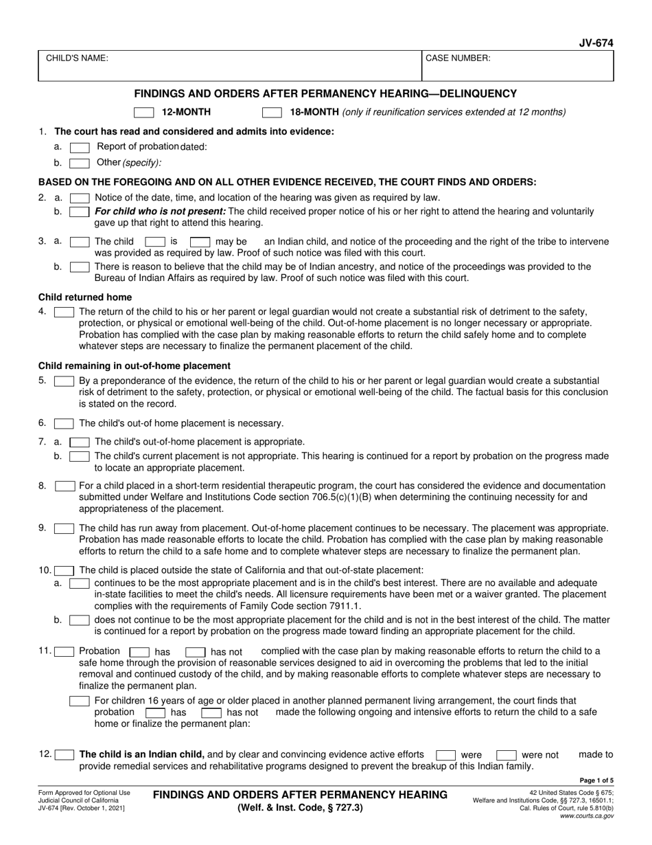 Form JV-674 Findings and Orders After Permanency Hearing - Delinquency - California, Page 1