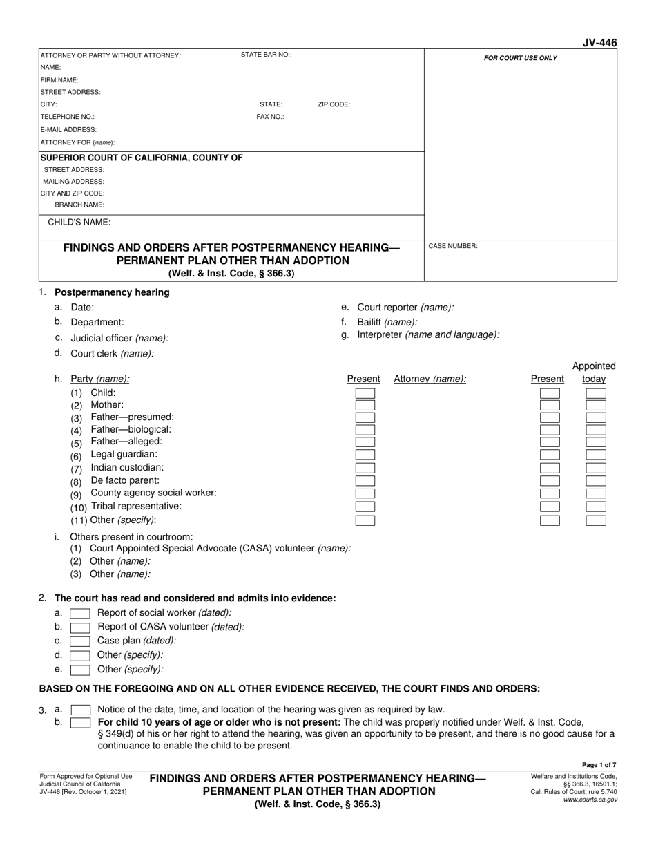 Form JV-446 Findings and Orders After Postpermanency Hearing - Permanent Plan Other Than Adoption - California, Page 1