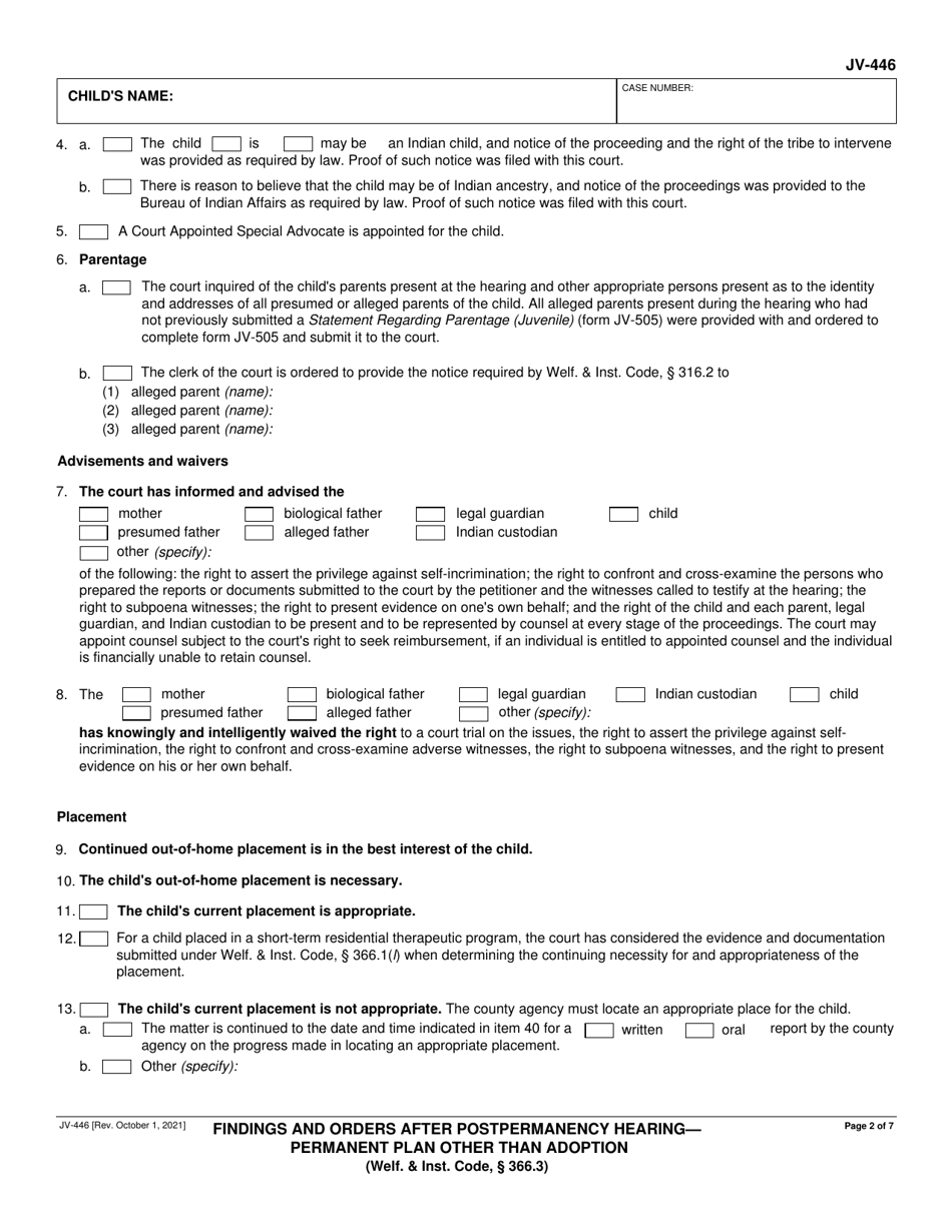 Form JV-446 Findings and Orders After Postpermanency Hearing - Permanent Plan Other Than Adoption - California, Page 2