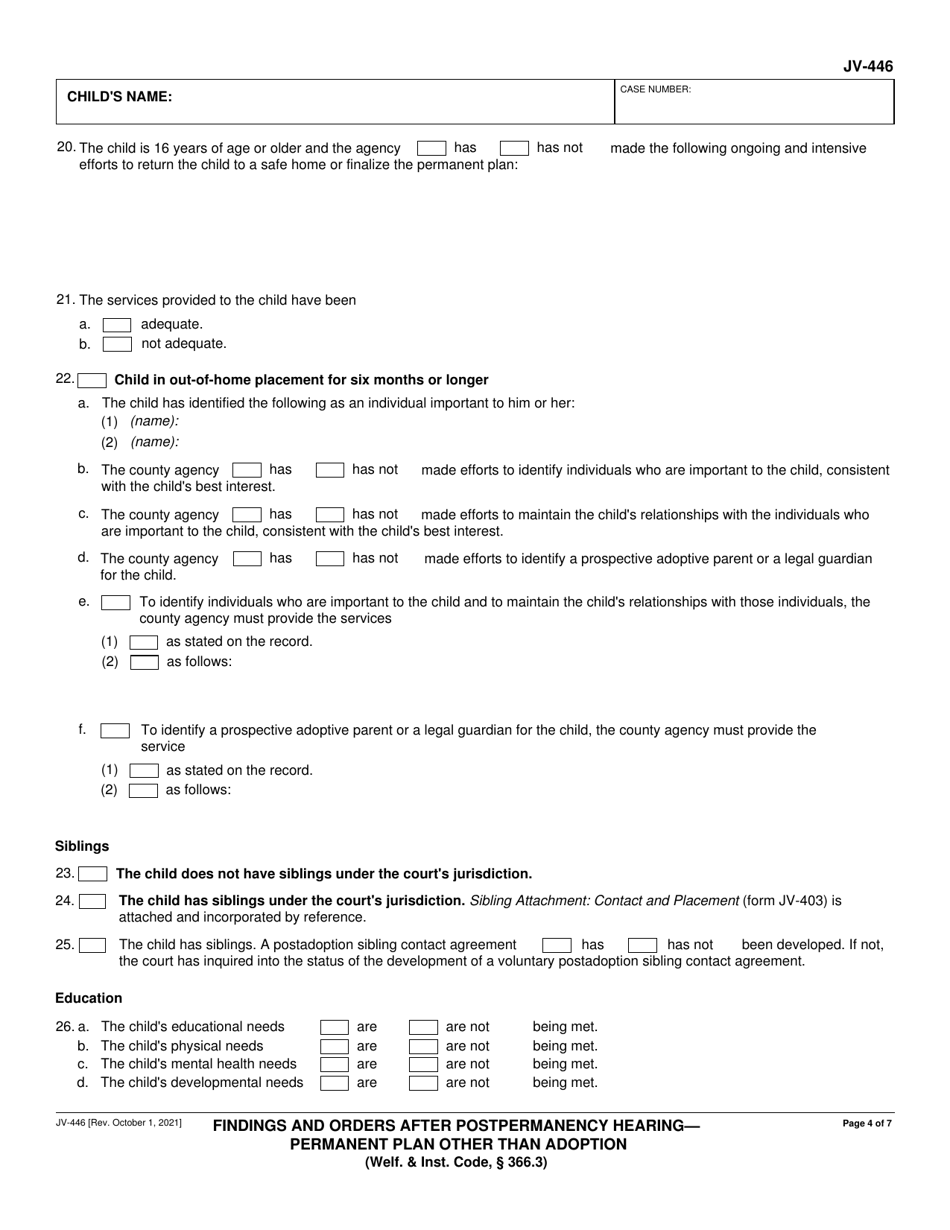 Form JV-446 Findings and Orders After Postpermanency Hearing - Permanent Plan Other Than Adoption - California, Page 4