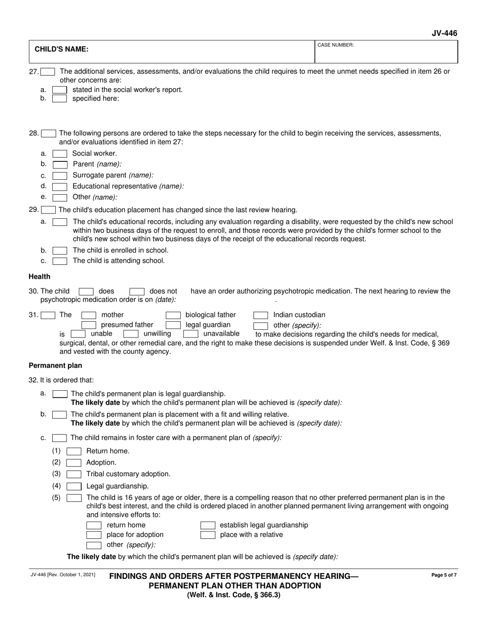 Form JV-446 Findings and Orders After Postpermanency Hearing - Permanent Plan Other Than Adoption - California, Page 5