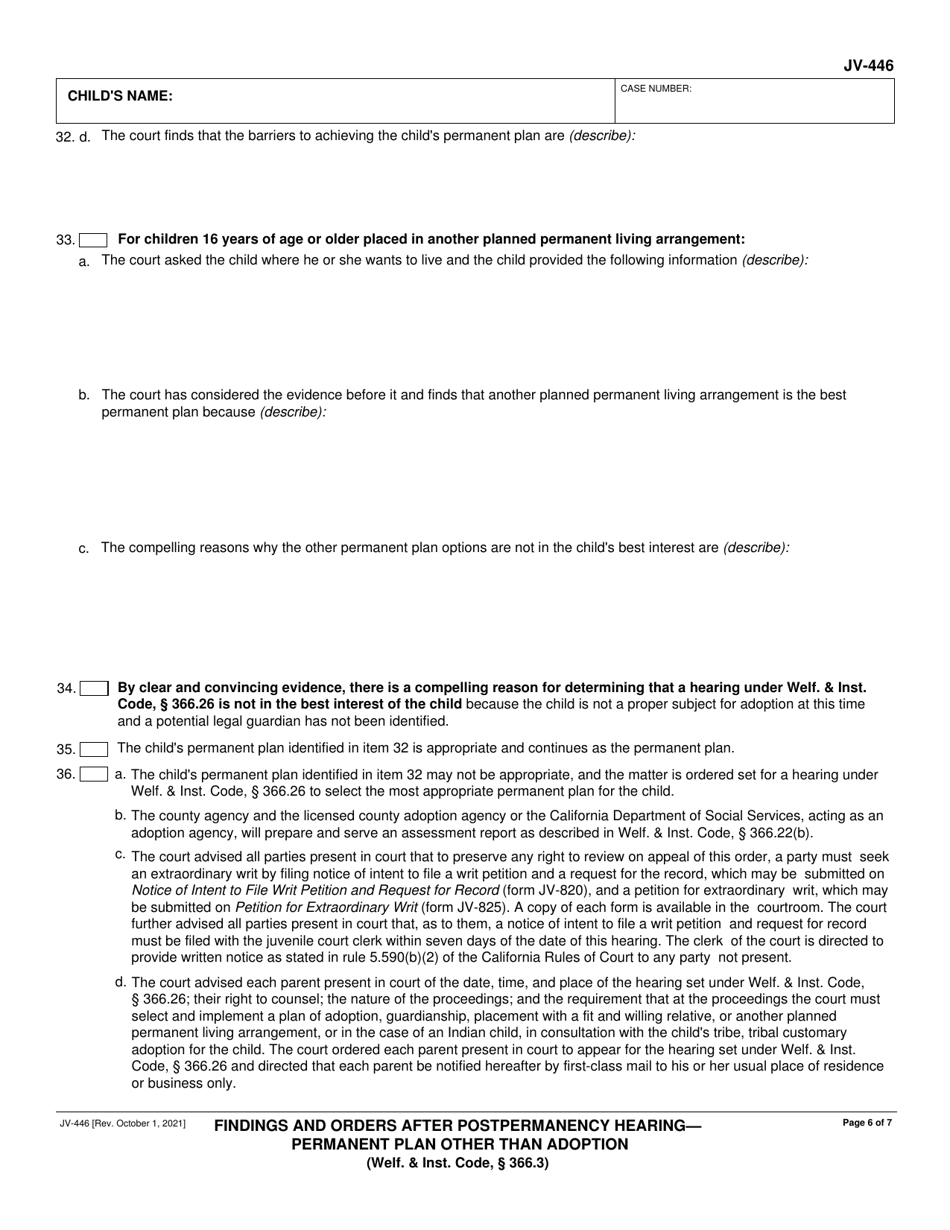 Form JV-446 Findings and Orders After Postpermanency Hearing - Permanent Plan Other Than Adoption - California, Page 6