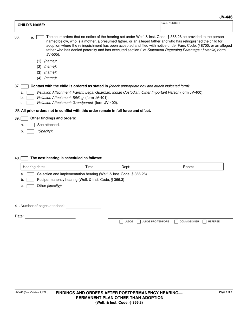 Form JV-446 Findings and Orders After Postpermanency Hearing - Permanent Plan Other Than Adoption - California, Page 7