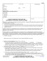 Form UD-101 &quot;Plaintiff's Mandatory Cover Sheet and Supplemental Allegations - Unlawful Detainer&quot; - California