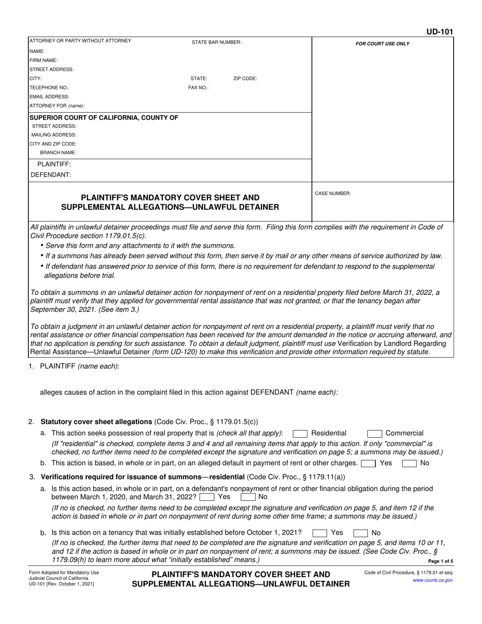 Form UD-101 Plaintiffs Mandatory Cover Sheet and Supplemental Allegations - Unlawful Detainer - California, Page 1