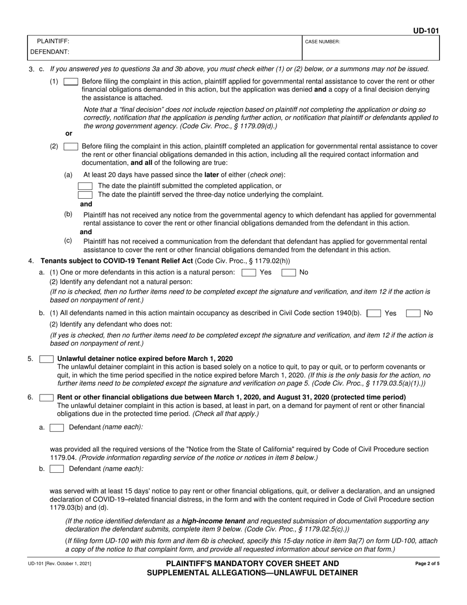Form UD-101 Plaintiffs Mandatory Cover Sheet and Supplemental Allegations - Unlawful Detainer - California, Page 2