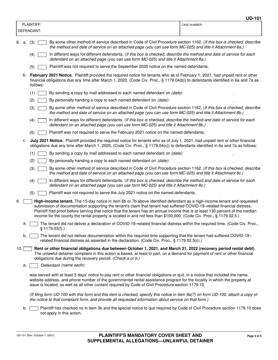 Form UD-101 Plaintiffs Mandatory Cover Sheet and Supplemental Allegations - Unlawful Detainer - California, Page 4
