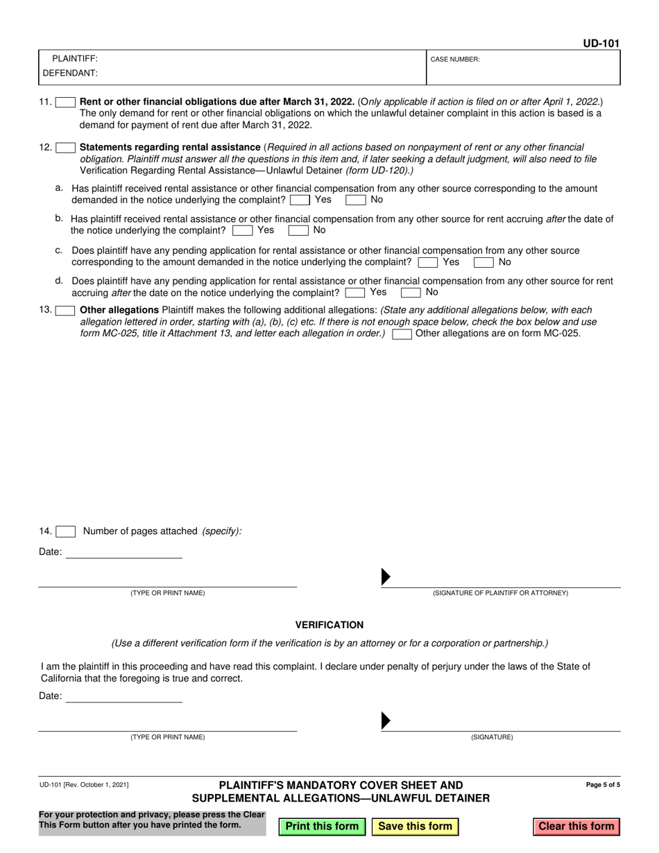 Form UD-101 Plaintiffs Mandatory Cover Sheet and Supplemental Allegations - Unlawful Detainer - California, Page 5