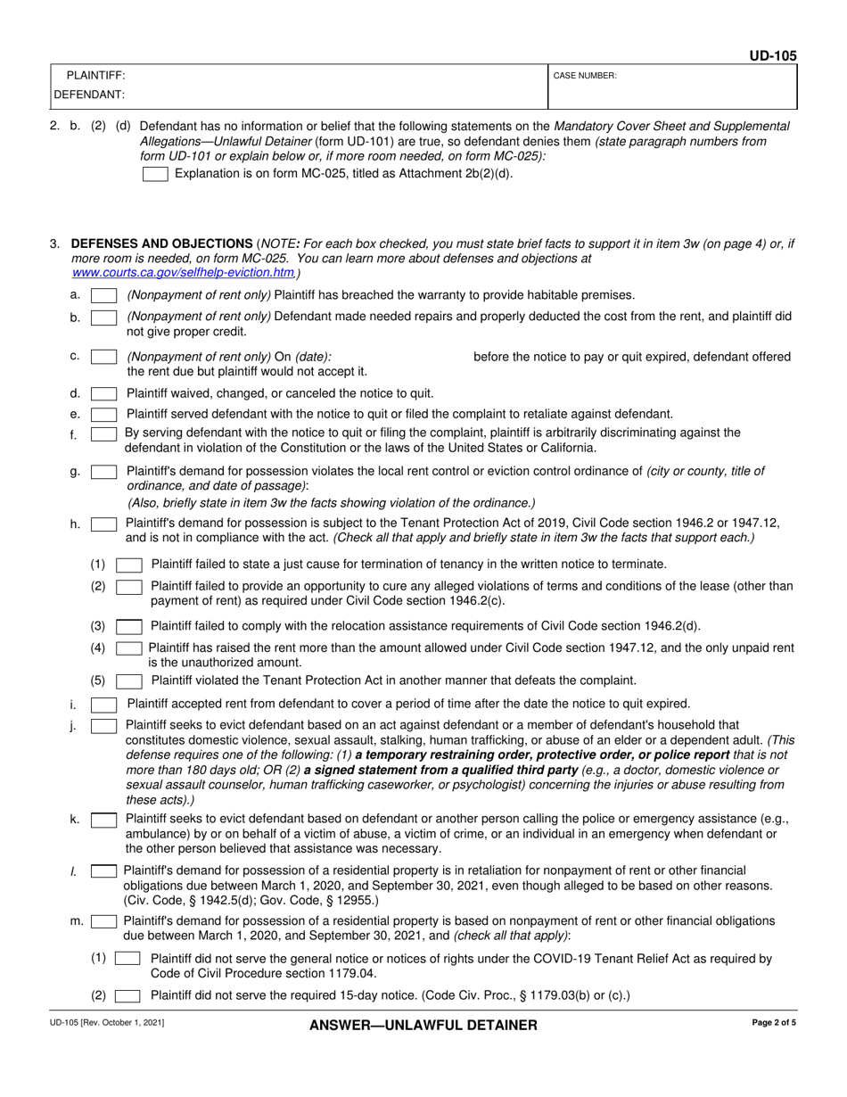 Form UD-105 Answer - Unlawful Detainer - California, Page 2