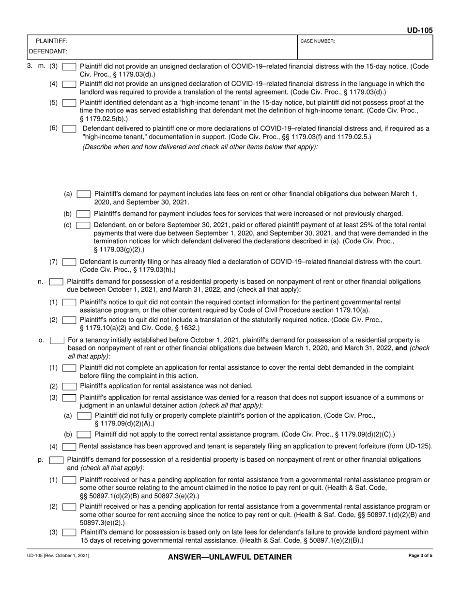 Form UD-105 Answer - Unlawful Detainer - California, Page 3