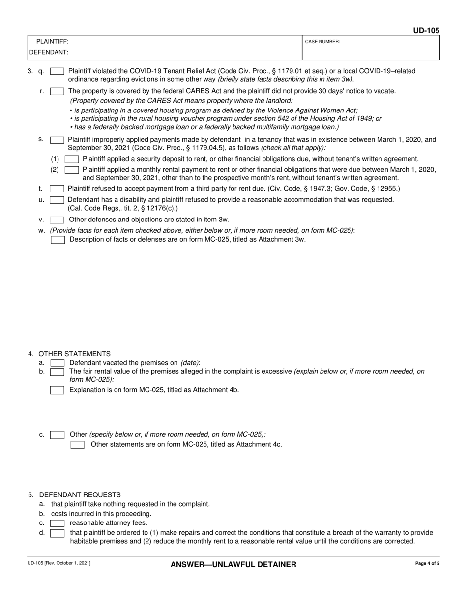 Form UD-105 Answer - Unlawful Detainer - California, Page 4